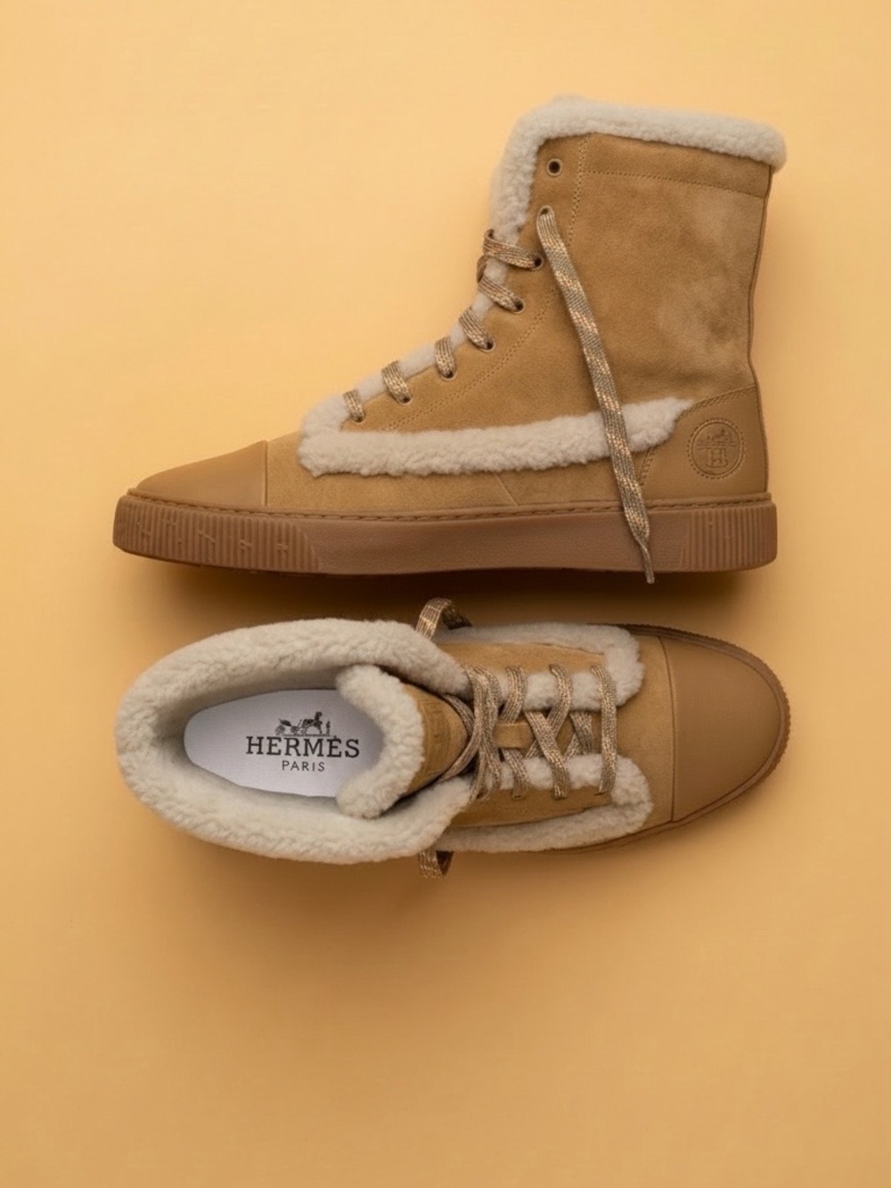 Hermes Women's Tan Suede Lace-Up Shearling Boots